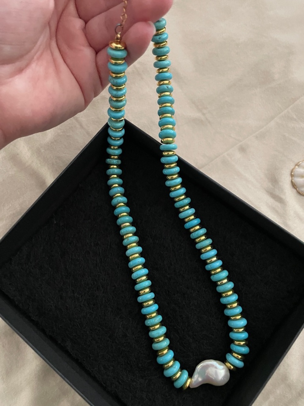 Pearl Turquoise and Gold Disc Necklace with Baroque Pearl